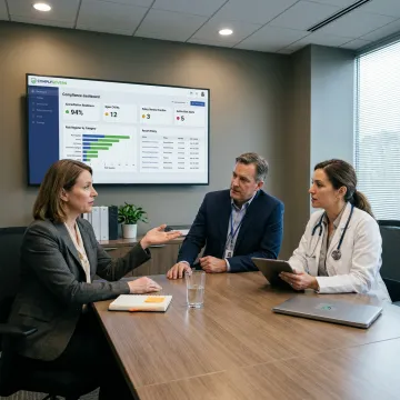 Healthcare leaders viewing compliance dashboards