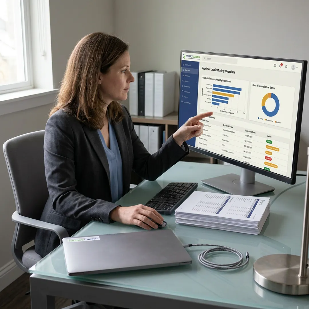 Healthcare administrator reviewing provider governance dashboard