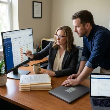 Healthcare leaders reviewing peer review dashboard