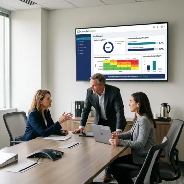 Healthcare leaders reviewing GRC dashboards