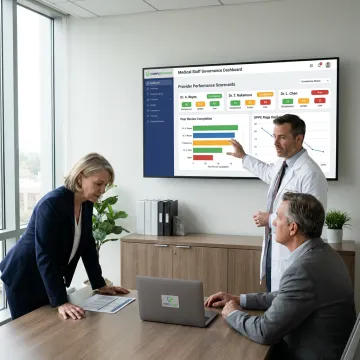 Physician leaders reviewing healthcare governance dashboard