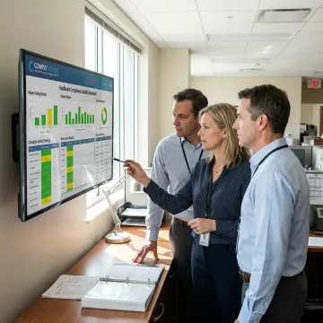 Healthcare quality team reviewing QMS dashboard