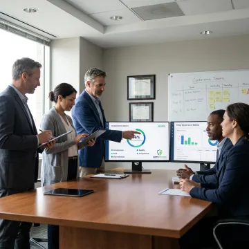 Healthcare leaders reviewing cloud governance dashboards