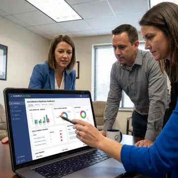 Compliance team reviewing accreditation readiness dashboard