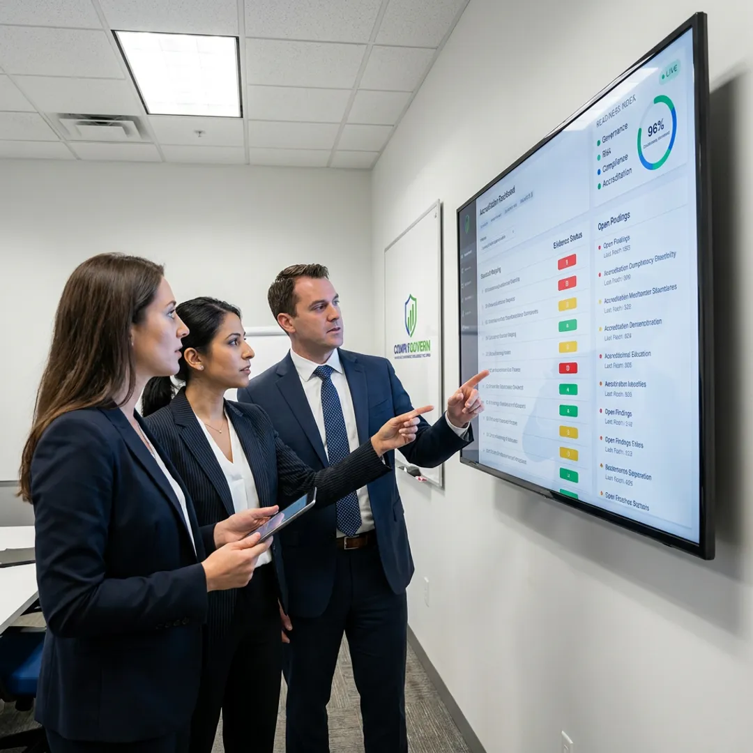 Healthcare compliance team reviewing accreditation readiness dashboard