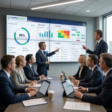 Healthcare executives reviewing governance dashboards