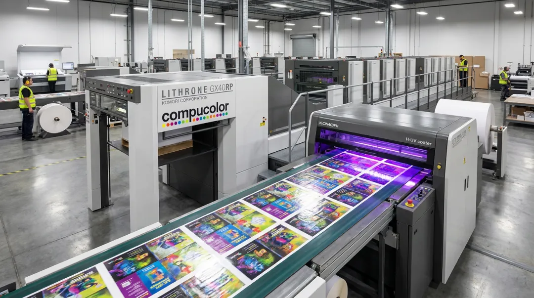 Compucolor Komori press applying H-UV coating to printed sheets