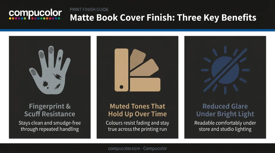Three key benefits of a matte print finish infographic