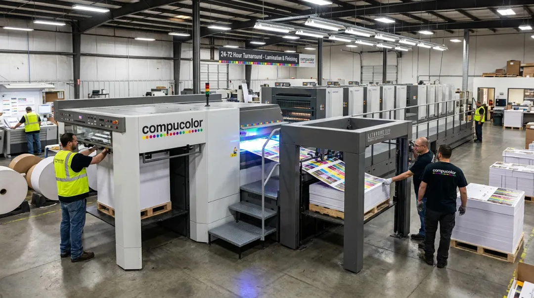 Compucolor production facility Komori press with H-UV coating capability