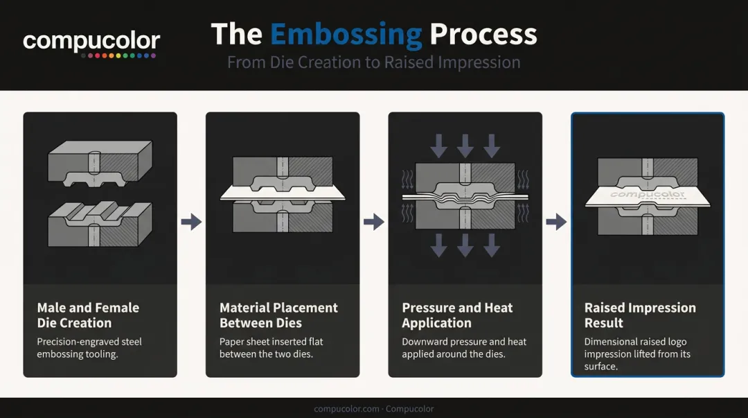 4-step die embossing process from male die to raised impression