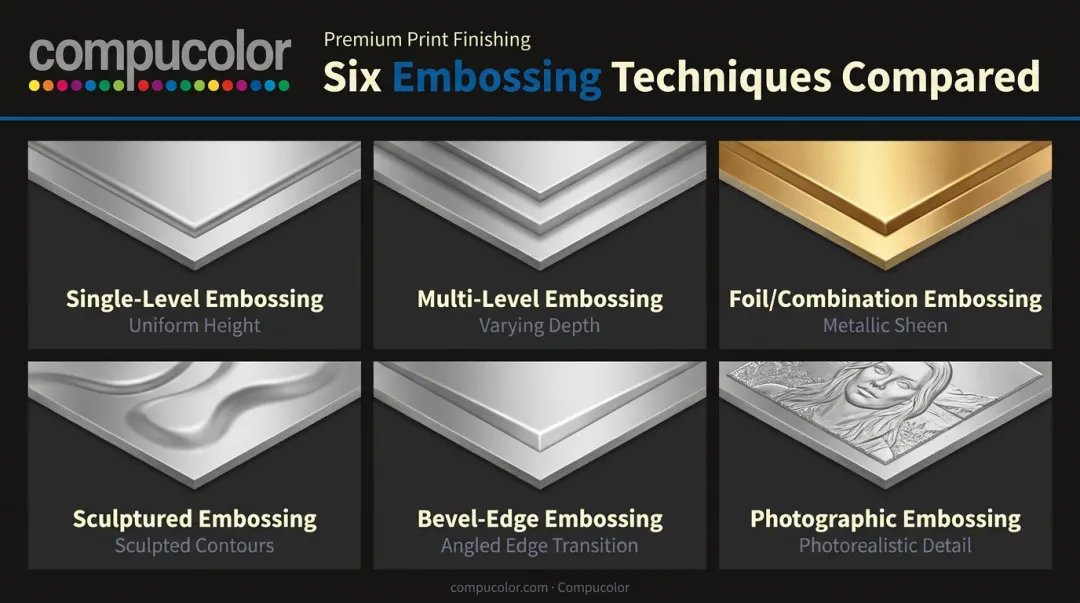 Comparison chart of six embossing technique types and their effects