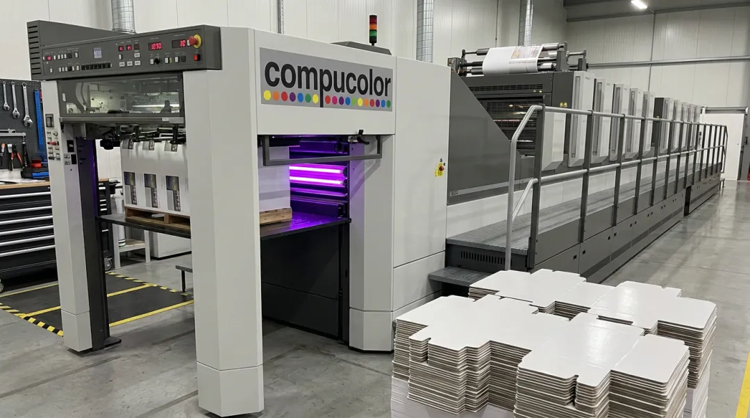 Compucolor Komori LS 40 press producing precision die-cut brochures