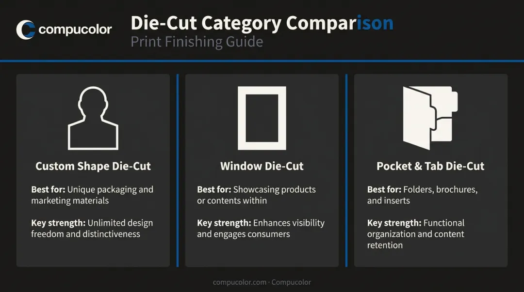 Three types of die-cut brochure shapes comparison chart