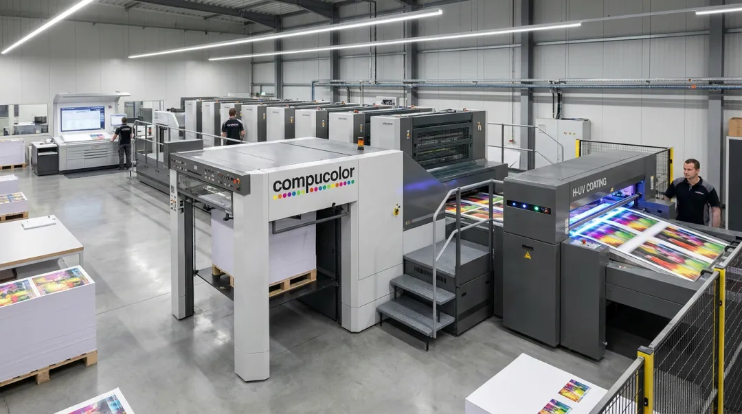 Compucolor's Komori LS 40 offset press with H-UV coater in operation