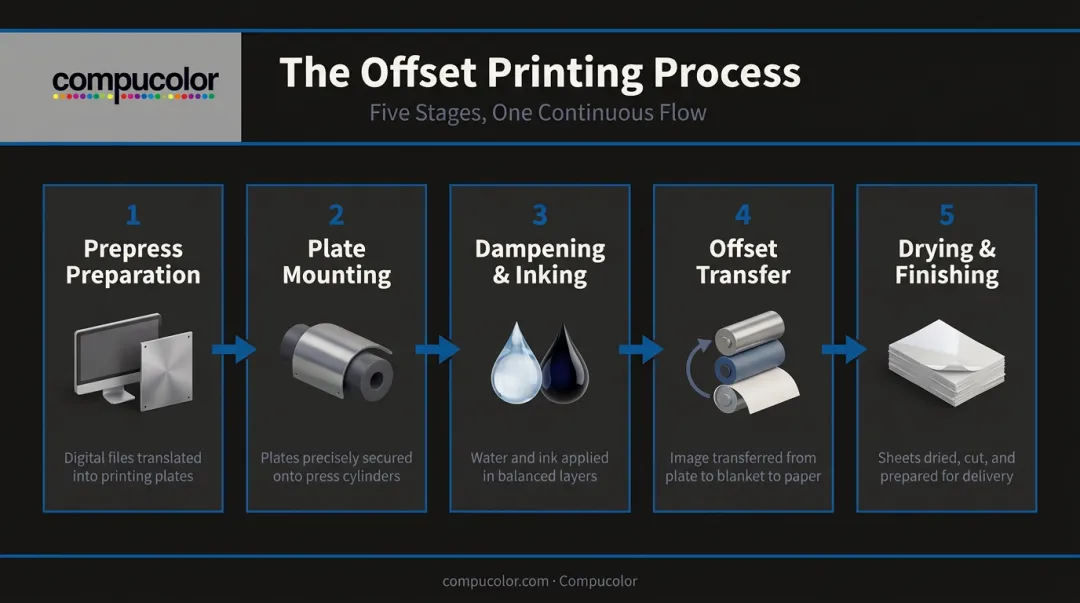5-step offset printing process from prepress preparation to final finishing