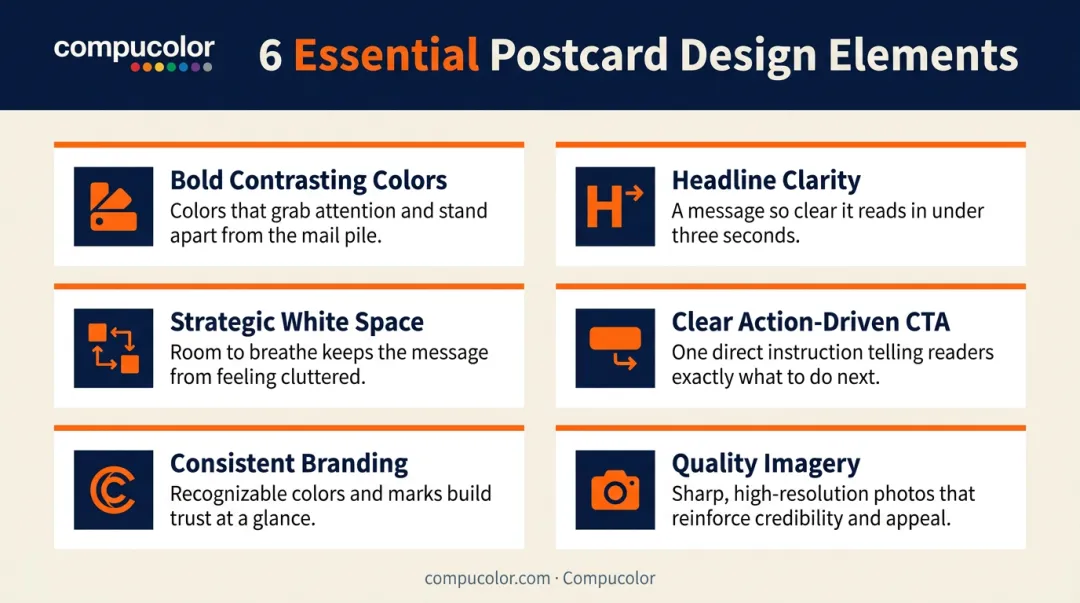 6 essential postcard design elements infographic with icons and descriptions