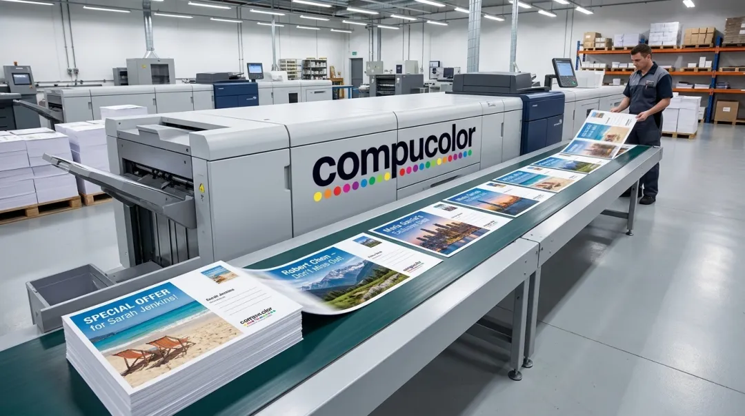 Digital press producing personalized direct mail postcards with variable data