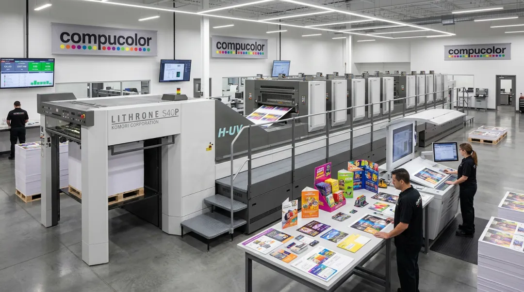 Compucolor Komori LS-40 digital press producing custom marketing materials
