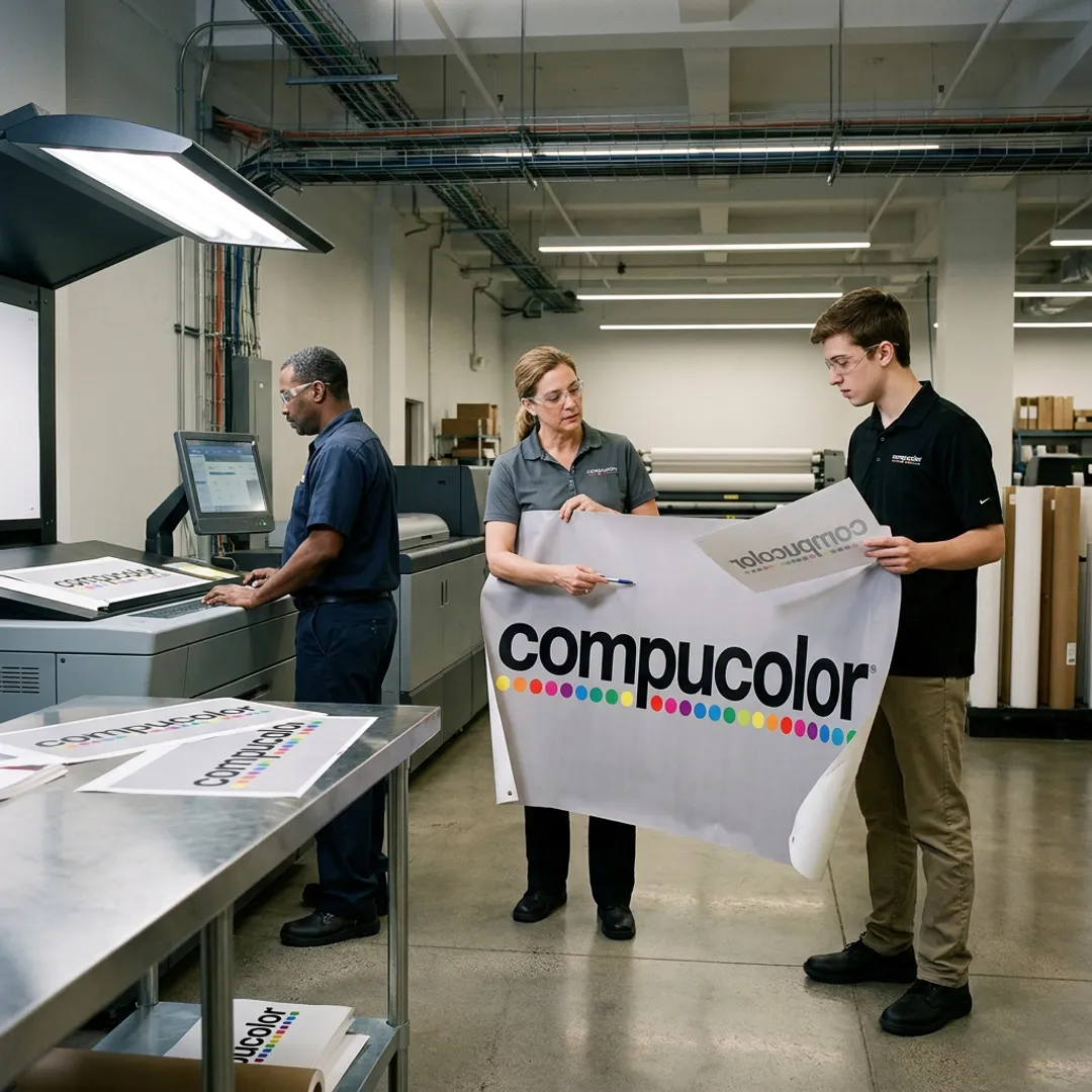Printing team preparing a custom vinyl banner