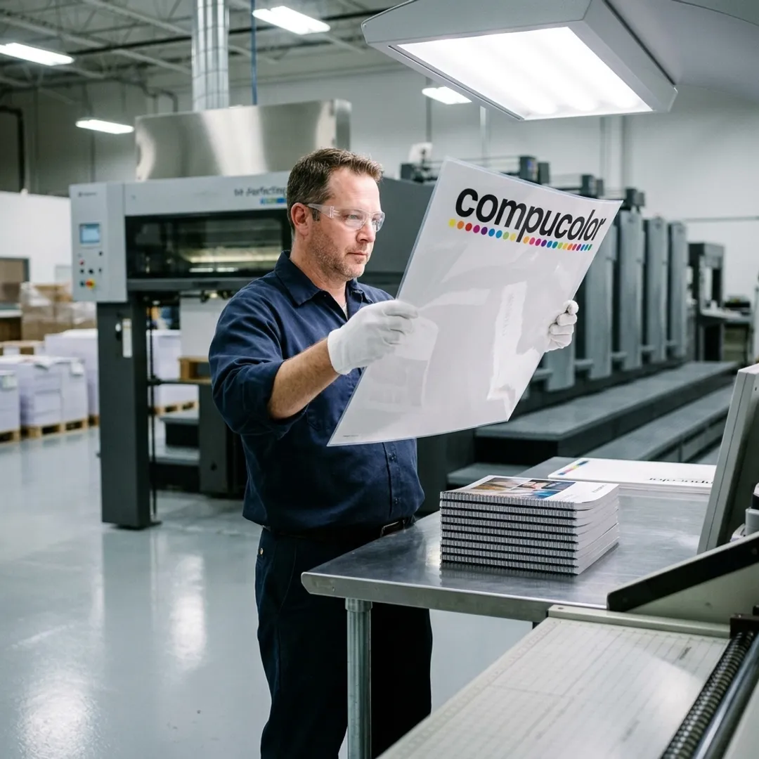 Technician reviewing laminated print materials