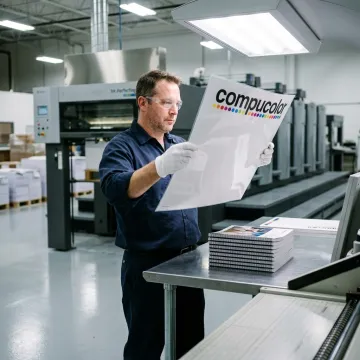 Technician reviewing laminated print materials