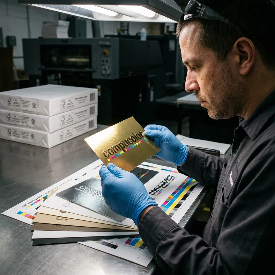 Technician reviewing embossed business cards