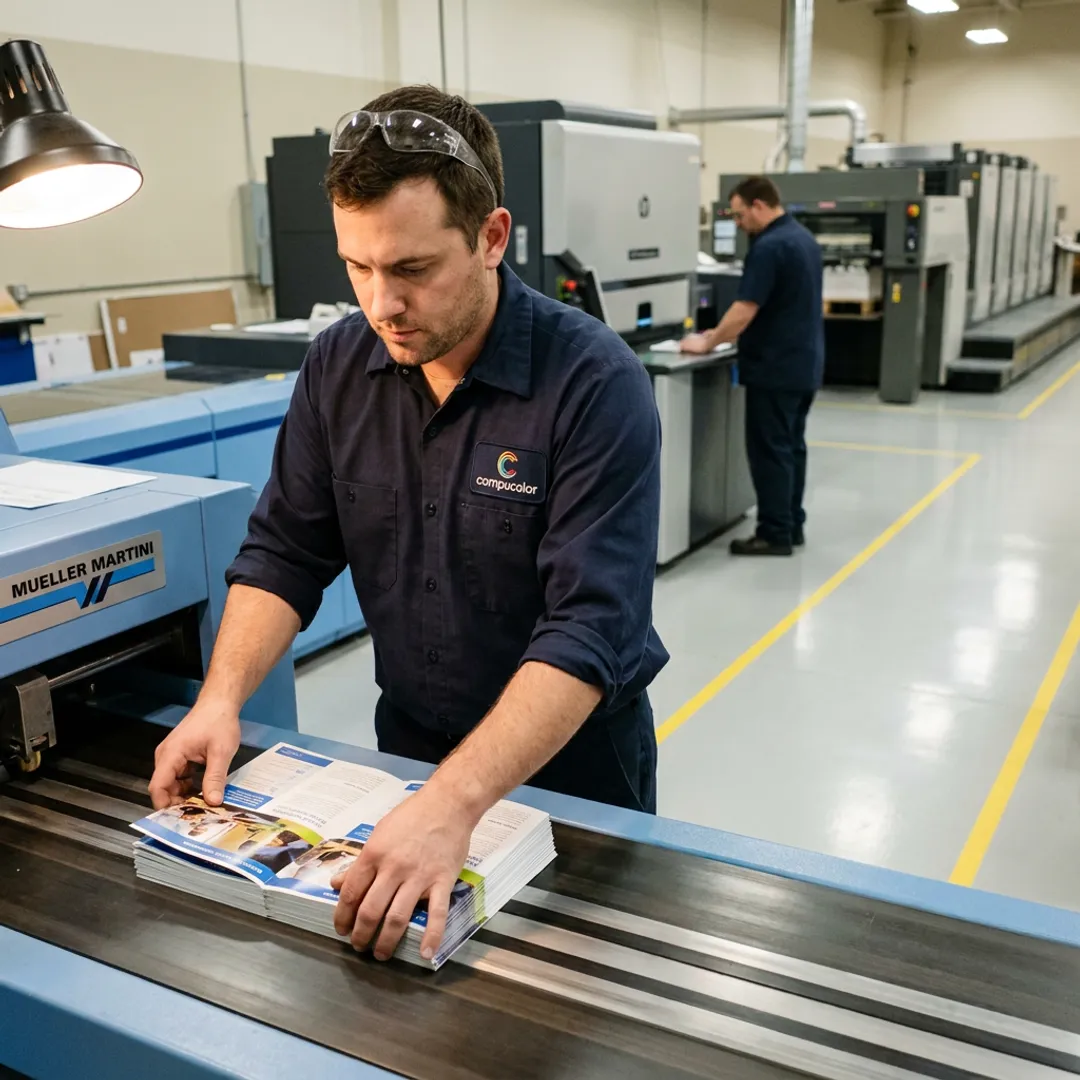 Technician folding printed brochures