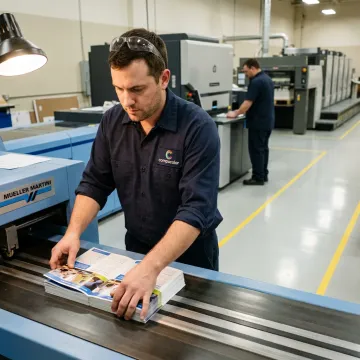 Technician folding printed brochures