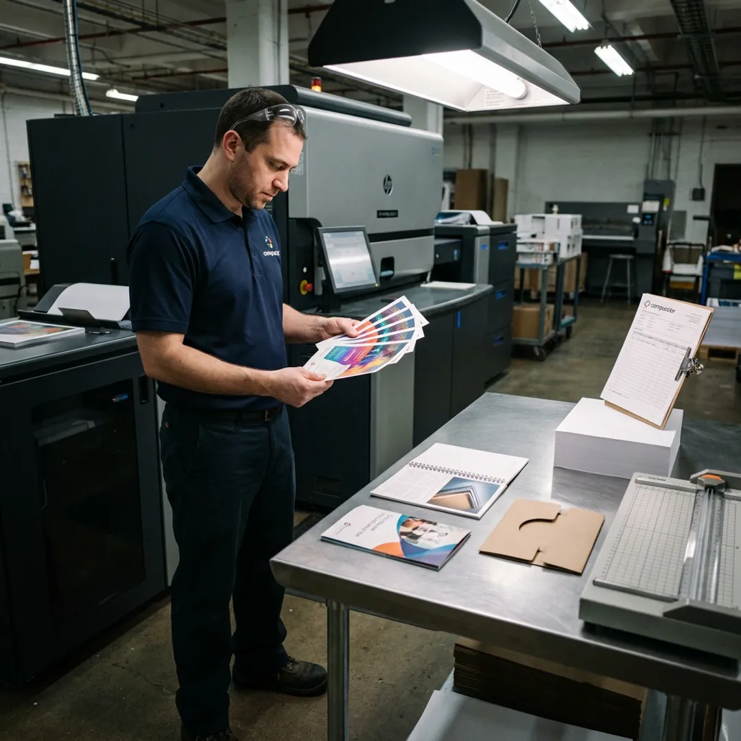 Print technician reviewing flyer proofs