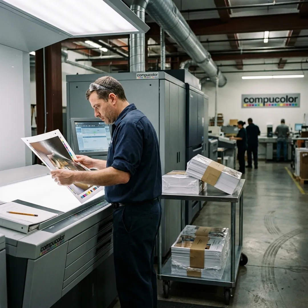 Print technician checking rush order proofs