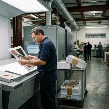 Print technician checking rush order proofs