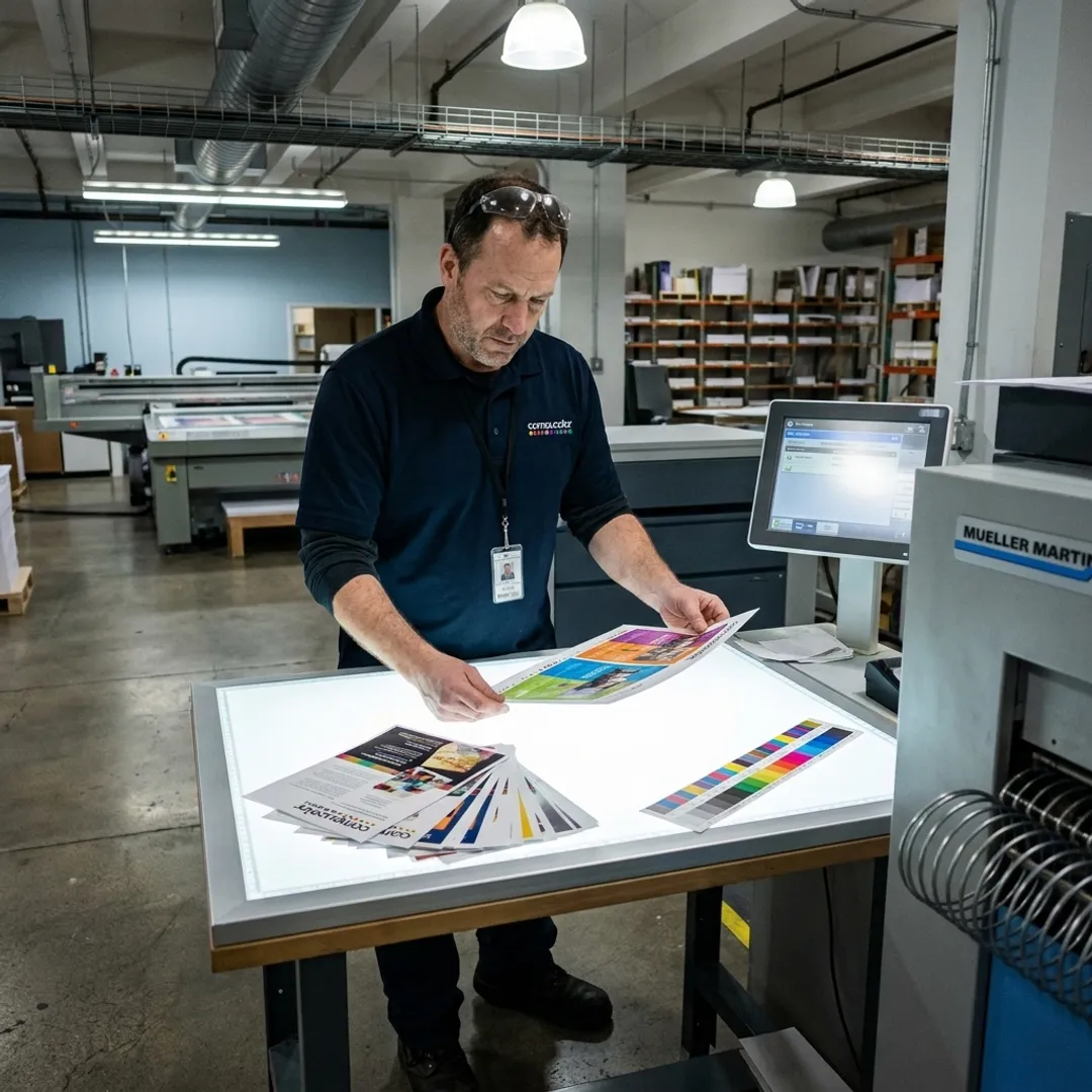 Print specialist reviewing flyer proofs