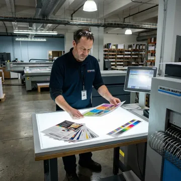 Print specialist reviewing flyer proofs