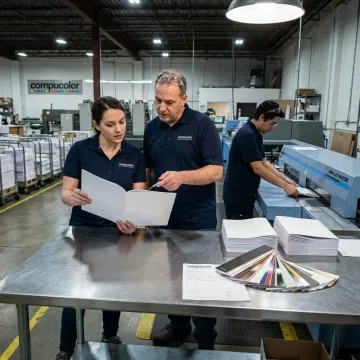 Printed booklets being reviewed during production