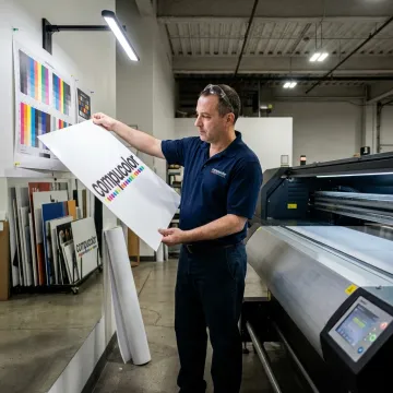 Print technician reviewing banner proof