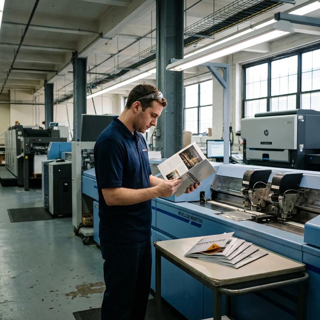 Technician reviewing printed booklet proofs