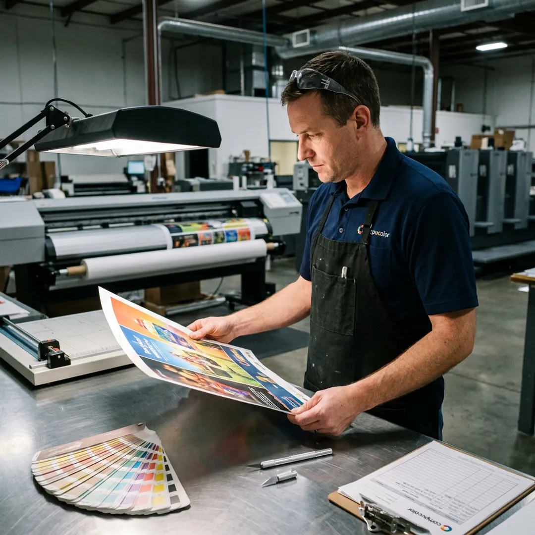 Print technician reviewing custom poster proofs