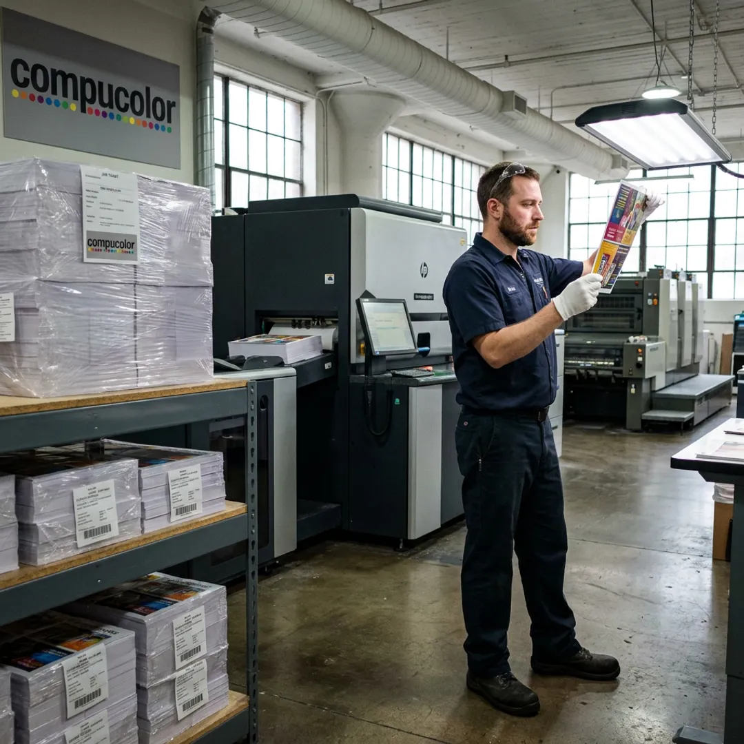 Print technician preparing flyers for pickup