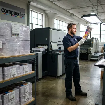 Print technician preparing flyers for pickup