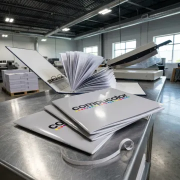 Custom printed booklets on a print shop table