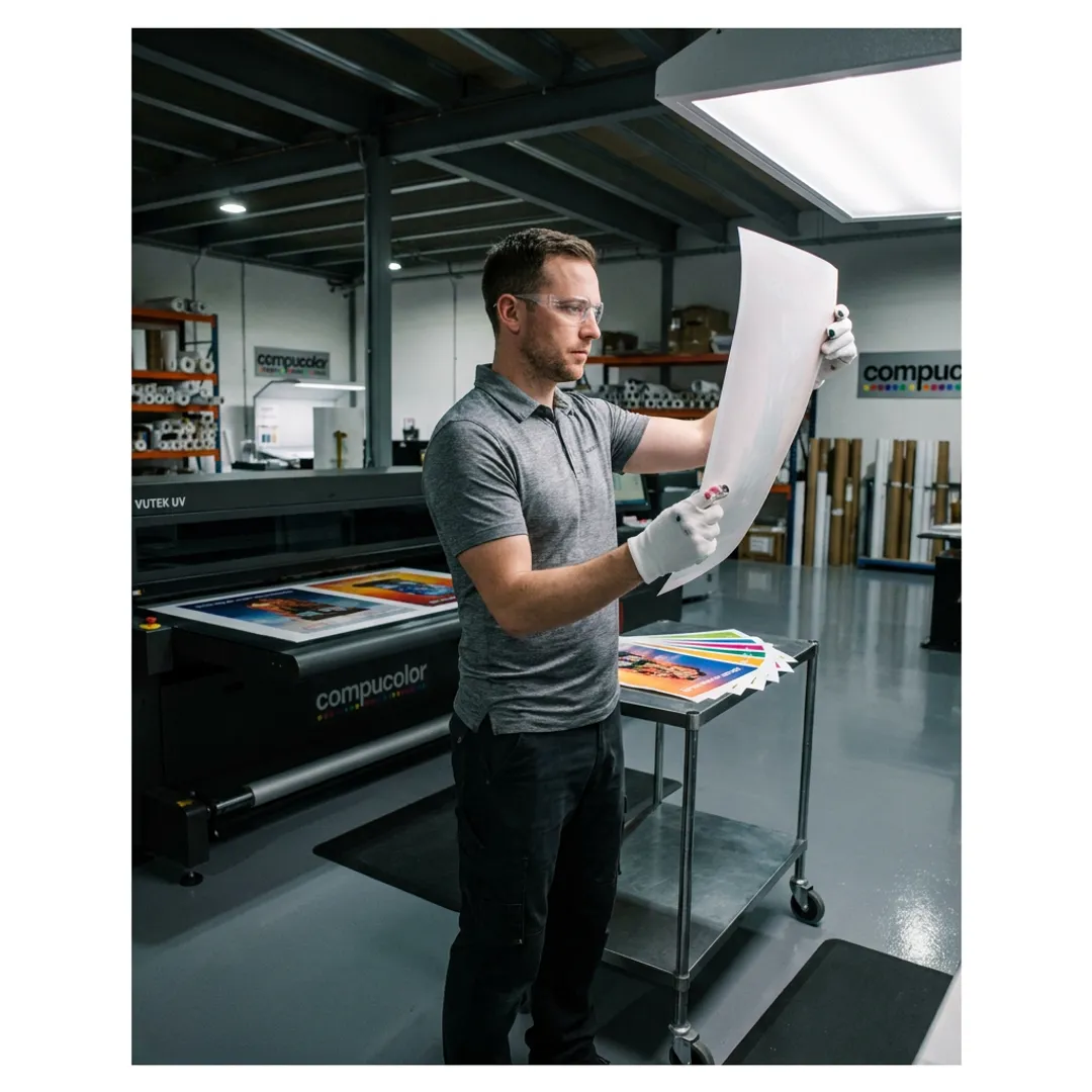 Print technician reviewing large format poster proofs