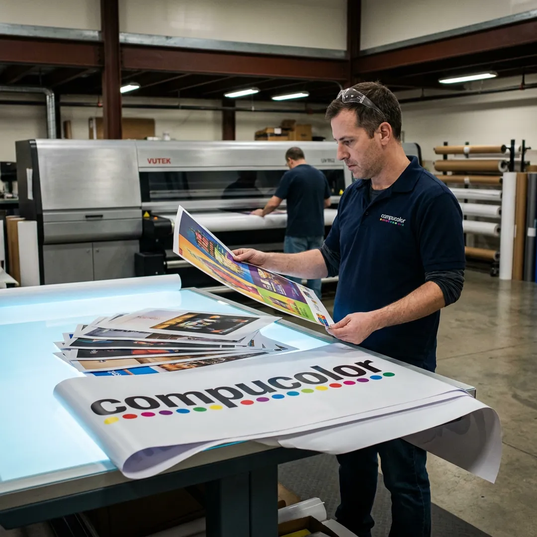 Print specialist reviewing poster proofs