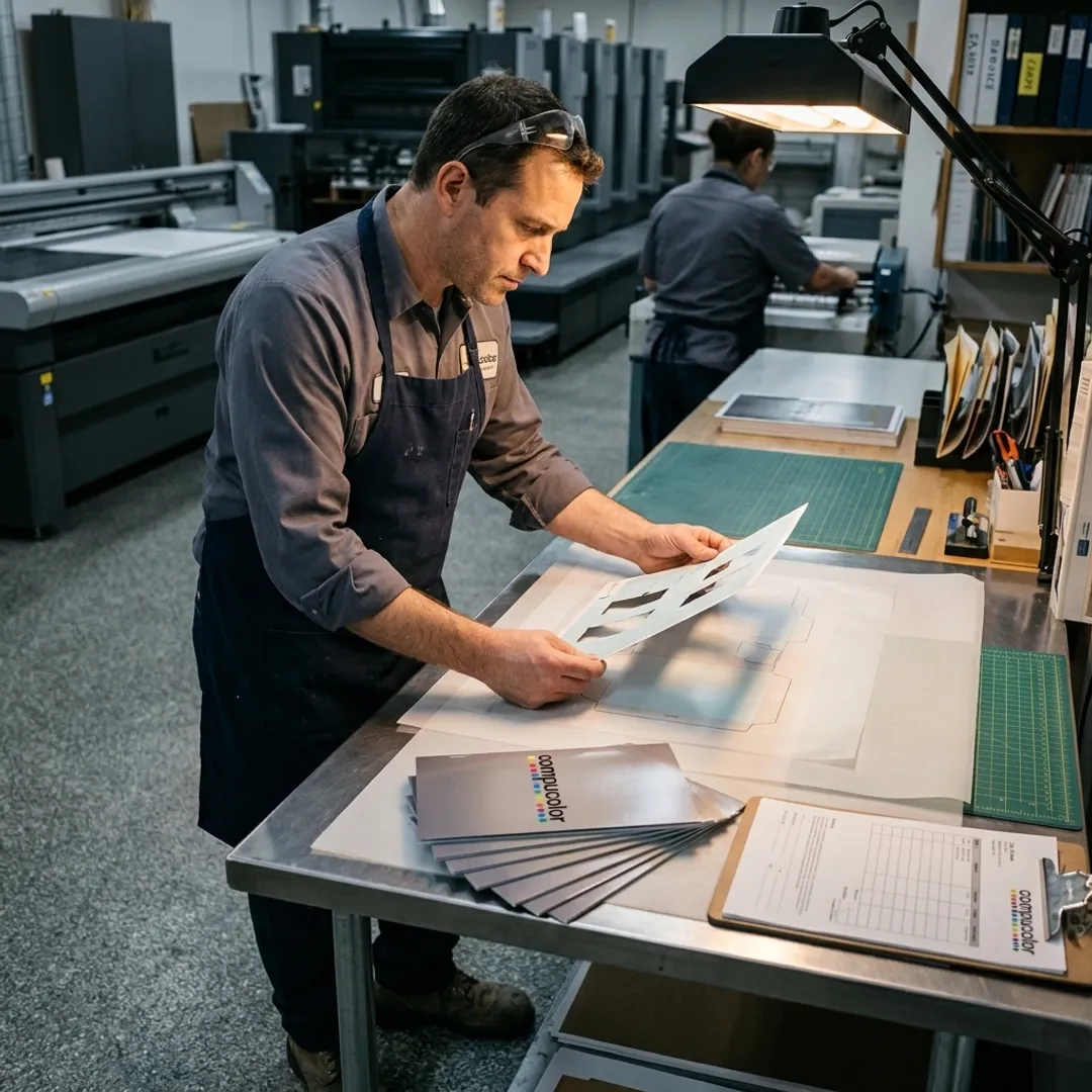 Technician reviewing die cut print samples