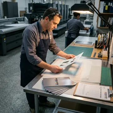 Technician reviewing die cut print samples