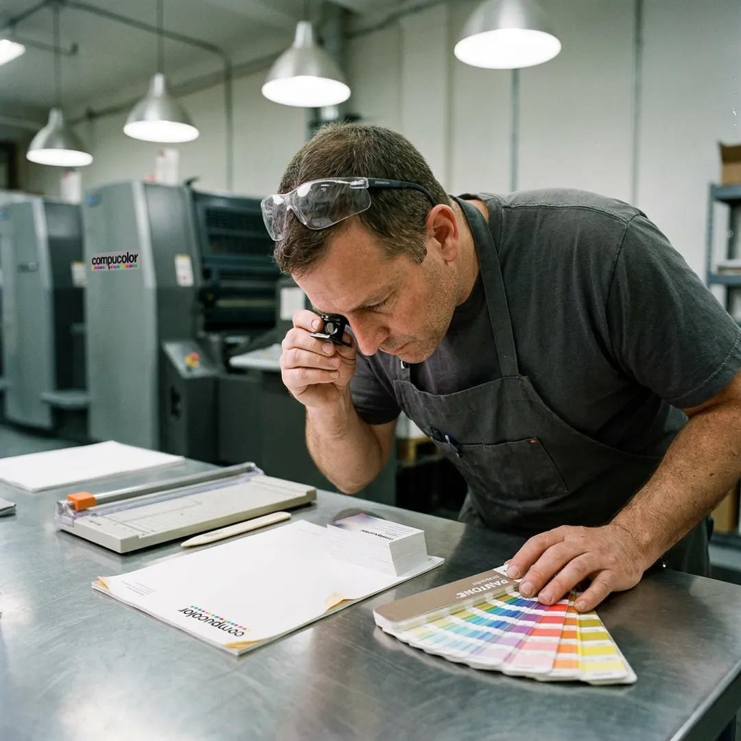 Business cards being checked during print production