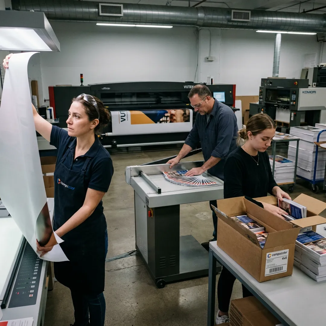 Printing team preparing banners and flyers