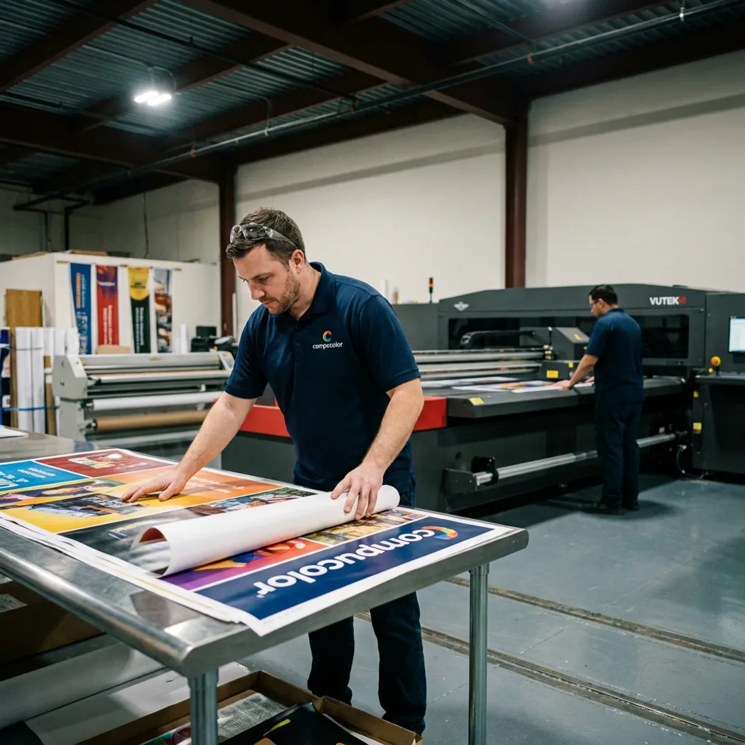 Large-format posters being inspected before finishing