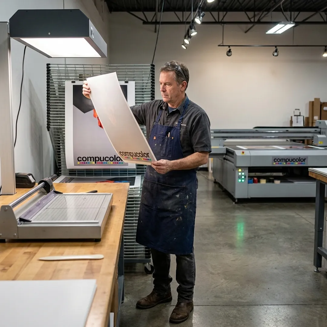 Print specialist reviewing poster artwork proofs