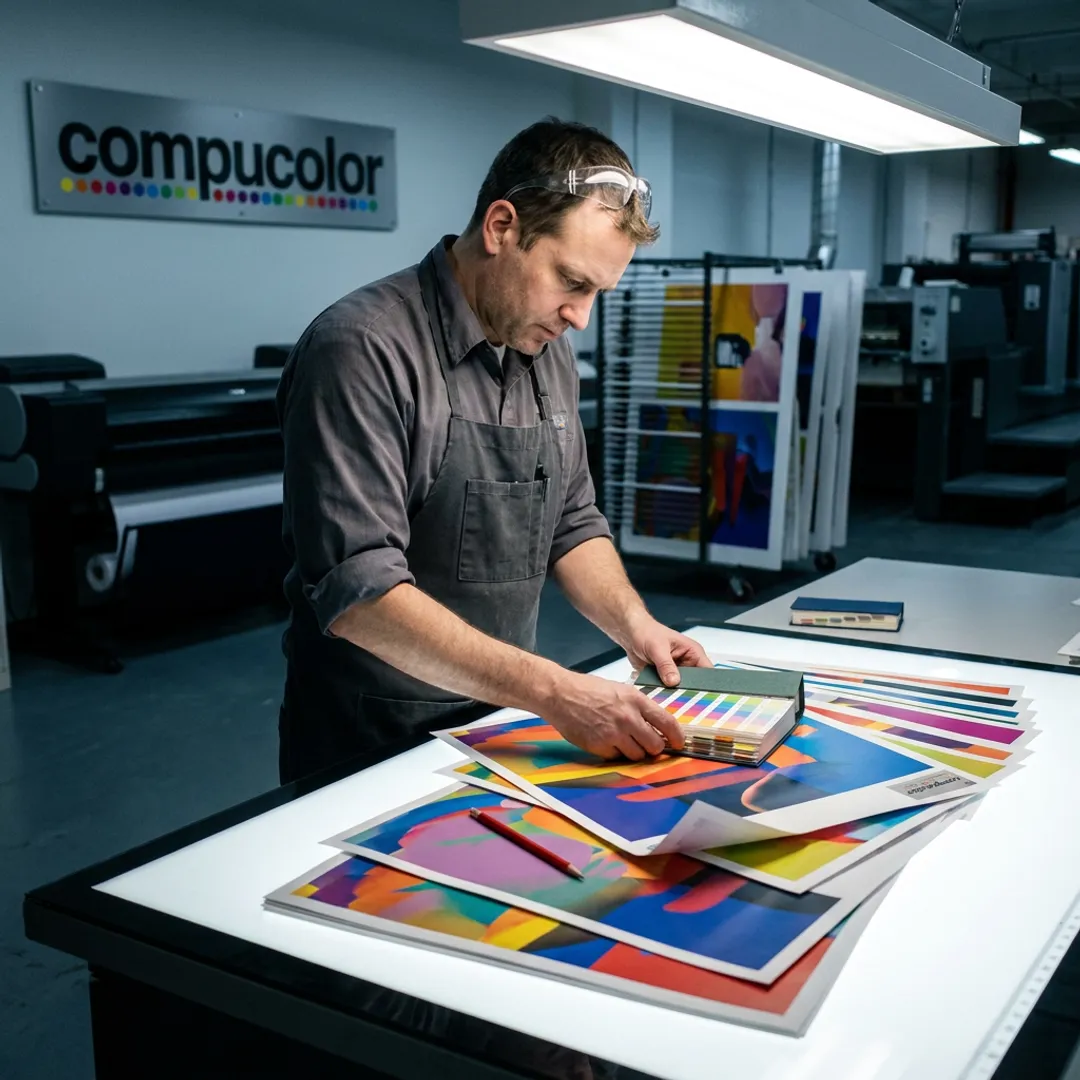Designer reviewing custom poster proofs
