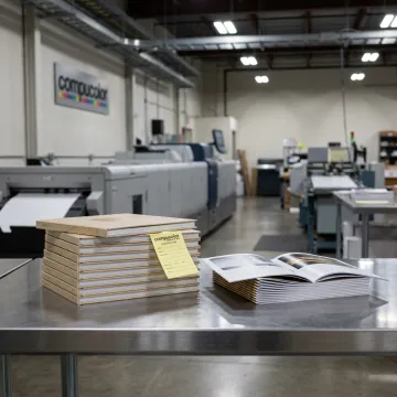 Professionally printed and bound books stacked in a print shop